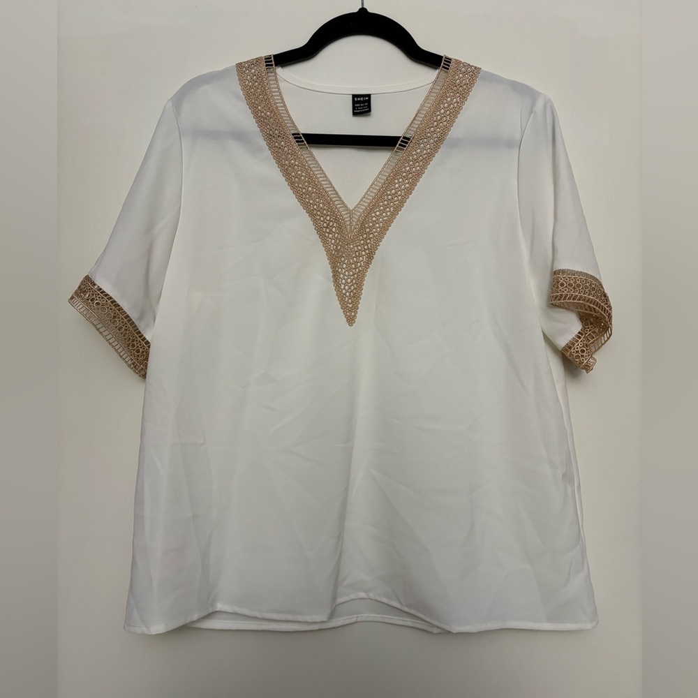SHEIN White Sheer Blouse with Gold Lace Accents - Size Large